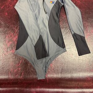 Long Sleeve Grey and Black One-Piece Swimsuit